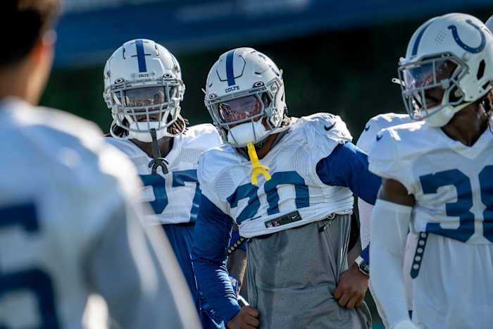 Indianapolis Colts players, including safety Nick Cross (20), center, wait for the next play during day #9 practice of Colts Camp, Tuesday, Aug. 8, 2023 at Grand Park in Westfield.